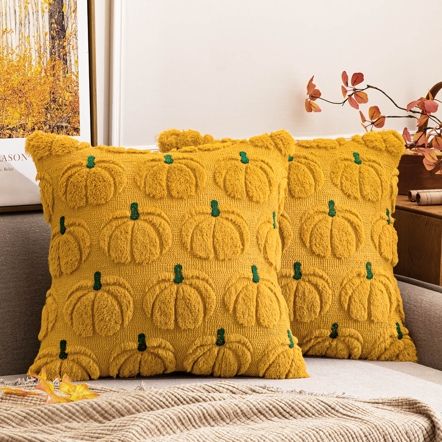 MIULEE Pumpkin Fall Throw Pillow Covers 18 x 18 Decorative Pillow Covers Soft Plush Faux Fur Couch Pillow Covers for Autumn Harvest Farmhouse Halloween Home Decor , Set of 2 Mustard Yellow Green Stem