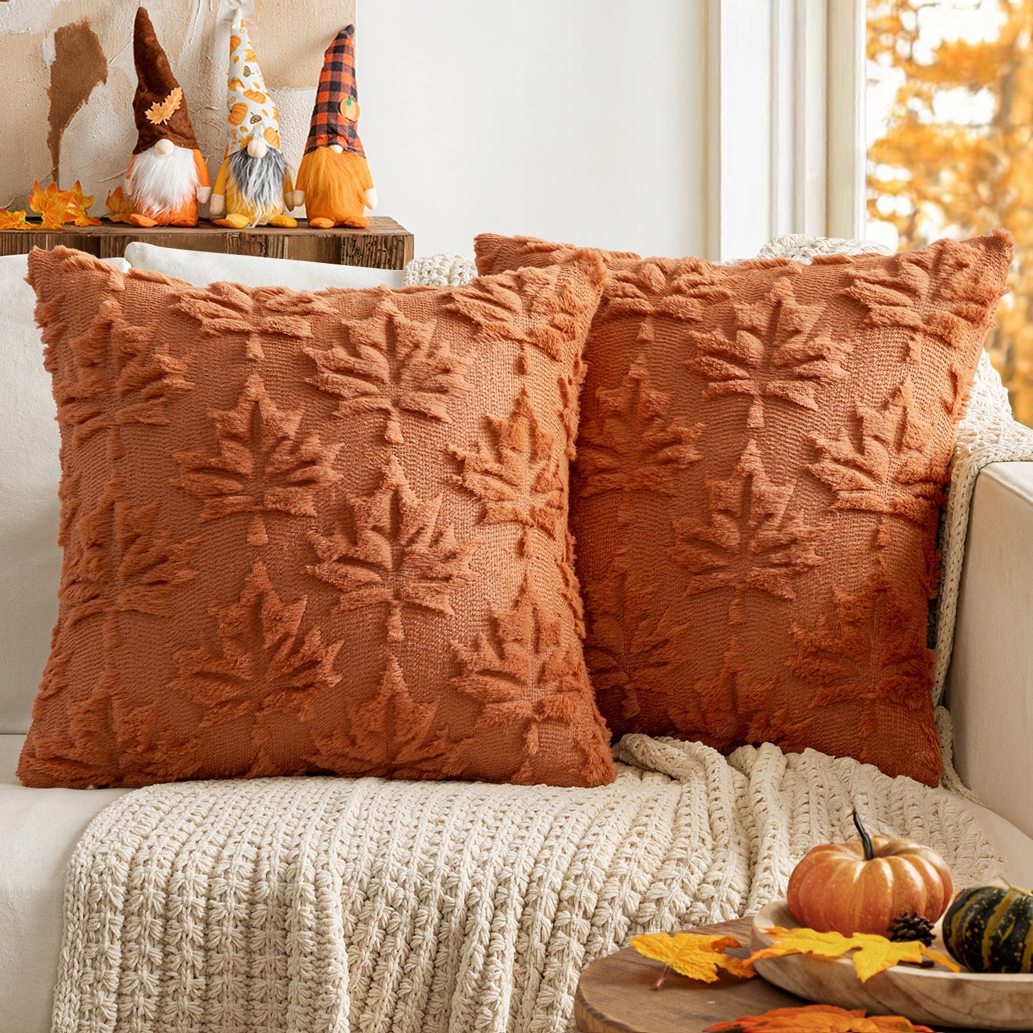 MIULEE Fall Throw Pillow Covers 18x18 Caramel Set of 2 Autumn Decorative Hollow Maple Leaf Pattern Pillow Covers Soft Plush Faux Wool Couch Pillow Covers for Couch Bed Room