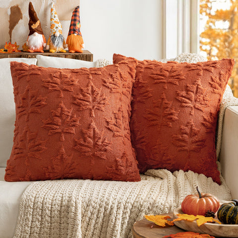 MIULEE Fall Throw Pillow Covers 20x20 Rust Red Set of 2 Autumn Decorative Hollow Maple Leaf Pattern Pillow Covers Soft Plush Faux Wool Couch Pillow Covers for Couch Bed Room