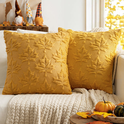 MIULEE Fall Throw Pillow Covers 20x20 Mustard Yellow Set of 2 Autumn Decorative Hollow Maple Leaf Pattern Pillow Covers Soft Plush Faux Wool Couch Pillow Covers for Couch Bed Room