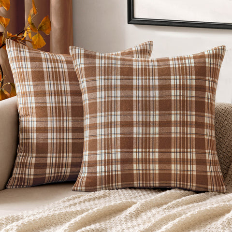 MIULEE Fall Set of 2 Scottish Tartan Plaid Throw Pillow Covers Farmhouse Classic Decorative Square Cushion Cases for Decor Sofa Couch 18x18 Inch, Brown?and?White