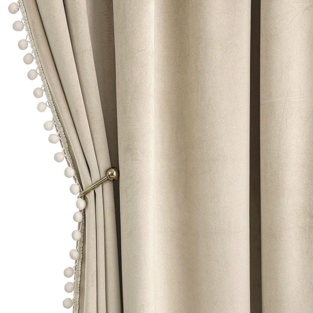 Beige Pom Pom Velvet Curtains 52W-96L