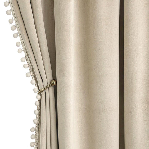 Beige Pom Pom Velvet Curtains 52W-96L