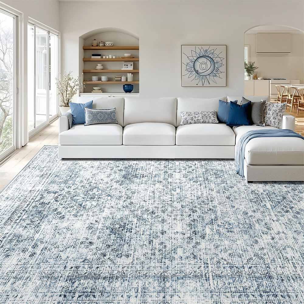 Vintage Washable Low Pile Area Rugs_Blue_8_x_10
