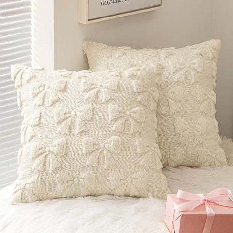 Decorative Bow Plush Pillow Covers Cream White