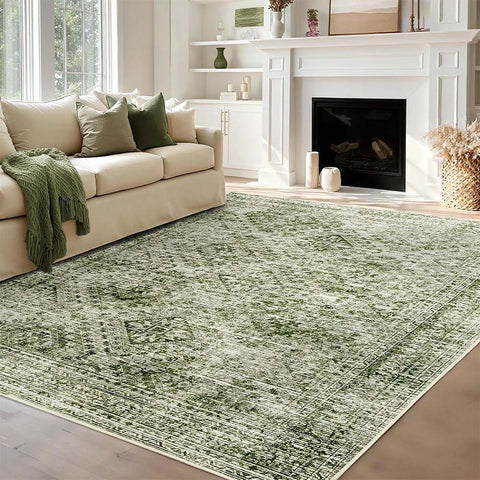 Vintage Washable Low Pile Area Rugs_Green_8_x_10