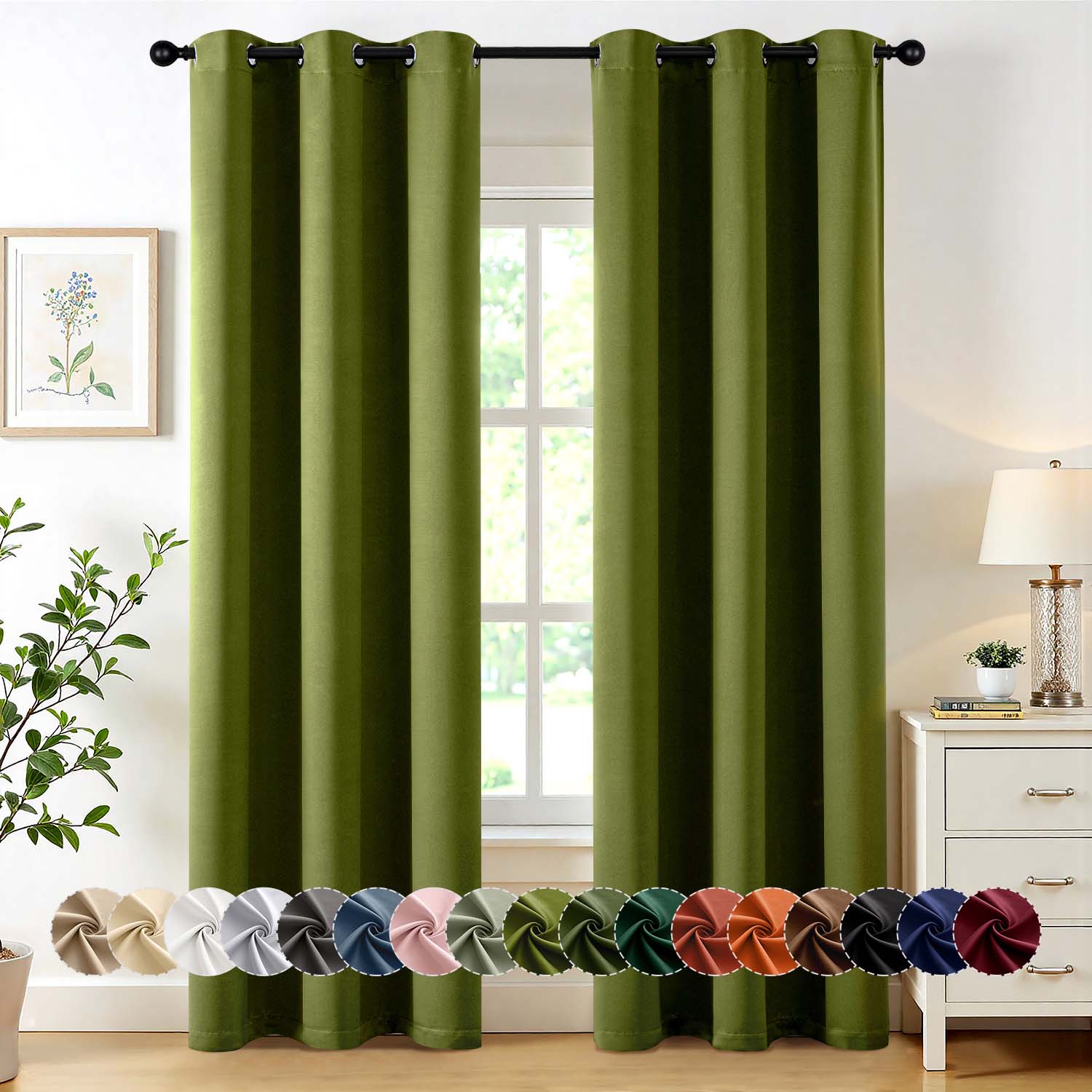 MIULEE Light Olive Green 40x84 Inch Grommet Top Blackout Curtains