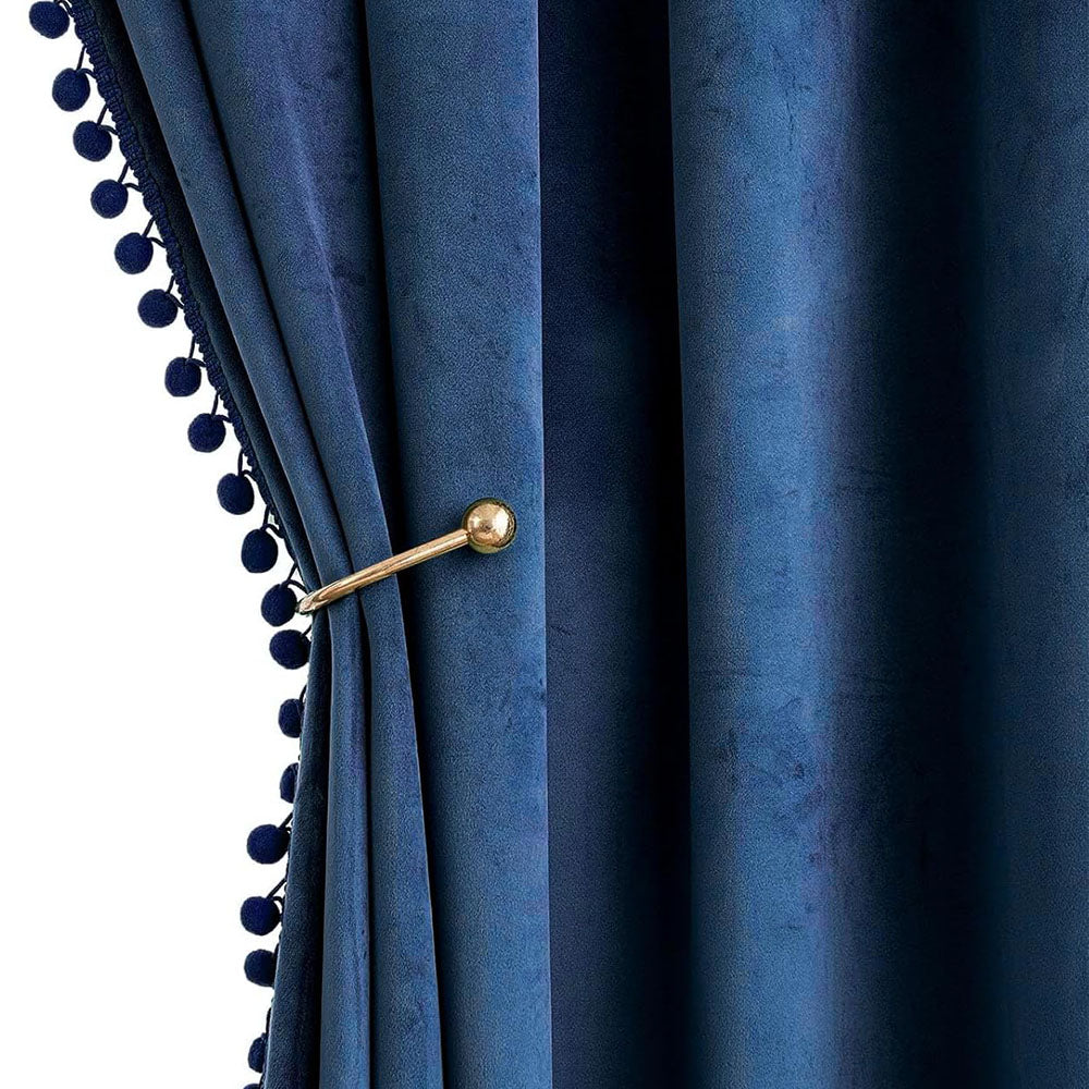 Navy Blue Pom Pom Velvet Curtains 52W-96L
