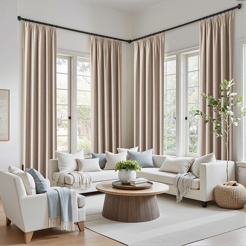 Velle Custom 100% Blackout Linen Textured Curtains - Beige