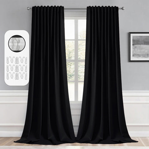 MIULEE Back Tab Pleated Blackout Curtains Black 52Wx95L