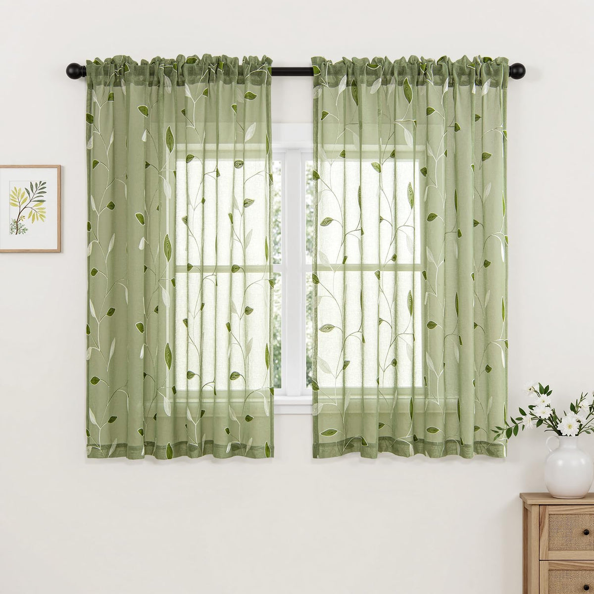  Embroidered Leaf Patterned Rod Pocket Floral Semi Sheer Curtains Sage Green 52Wx45L