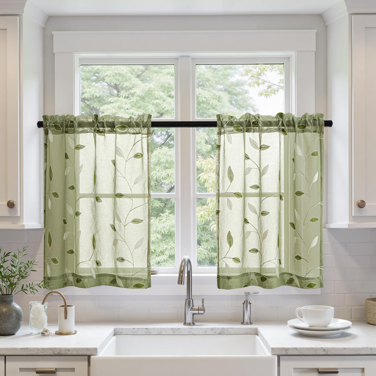  Embroidered Leaf Patterned Rod Pocket Floral Semi Sheer Curtains Sage Green 30Wx36L
