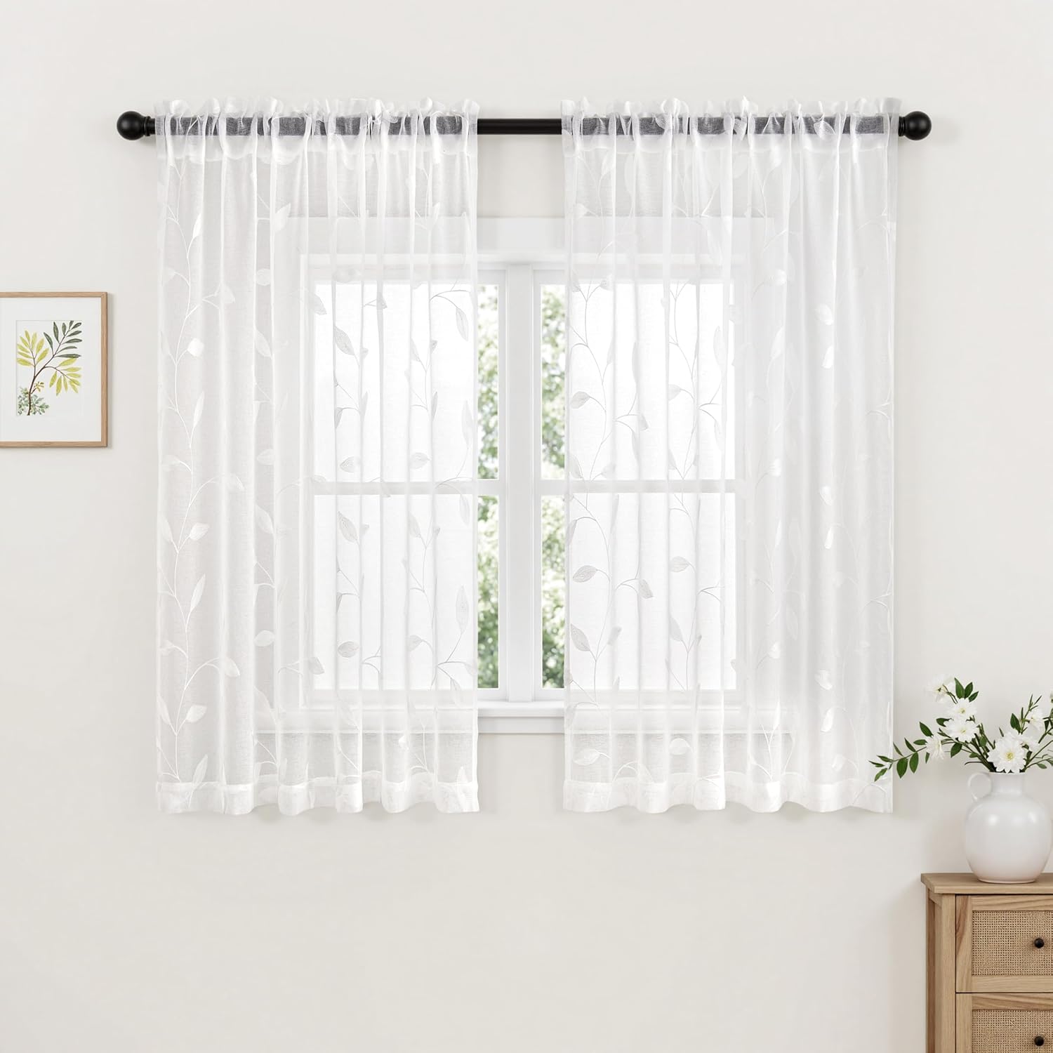  Embroidered Leaf Patterned Rod Pocket Floral Semi Sheer Curtains White 52Wx54L