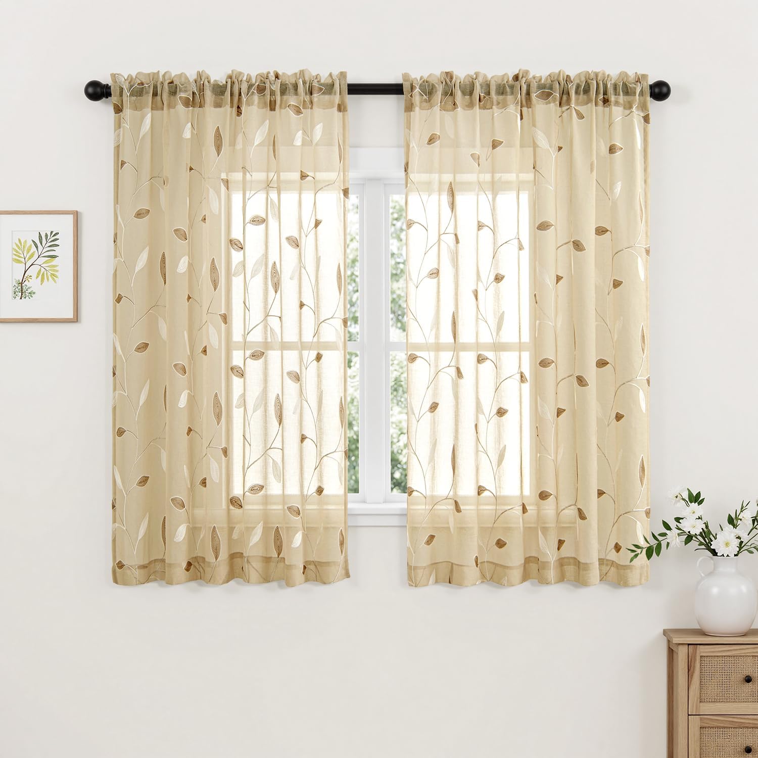  Embroidered Leaf Patterned Rod Pocket Floral Semi Sheer Curtains Beige 52Wx45L