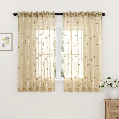  Embroidered Leaf Patterned Rod Pocket Floral Semi Sheer Curtains Beige 52Wx45L