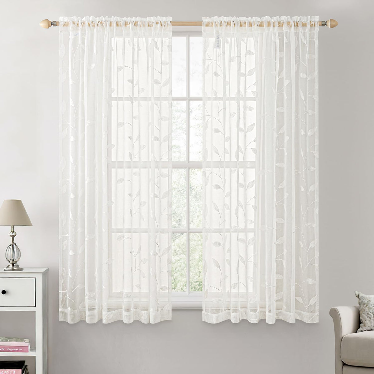 Embroidered Leaf Patterned Rod Pocket Floral Semi Sheer Curtains Ivory 52Wx45L