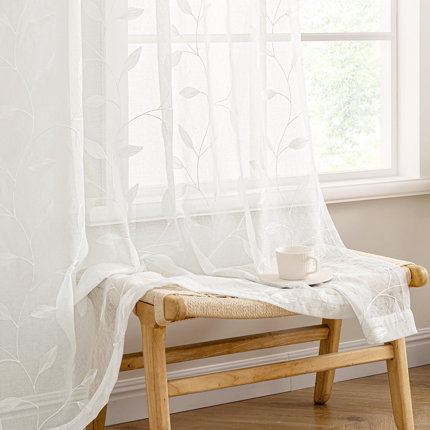 Embroidered Leaf Patterned Rod Pocket Floral Semi Sheer Curtains Ivory 52Wx84L