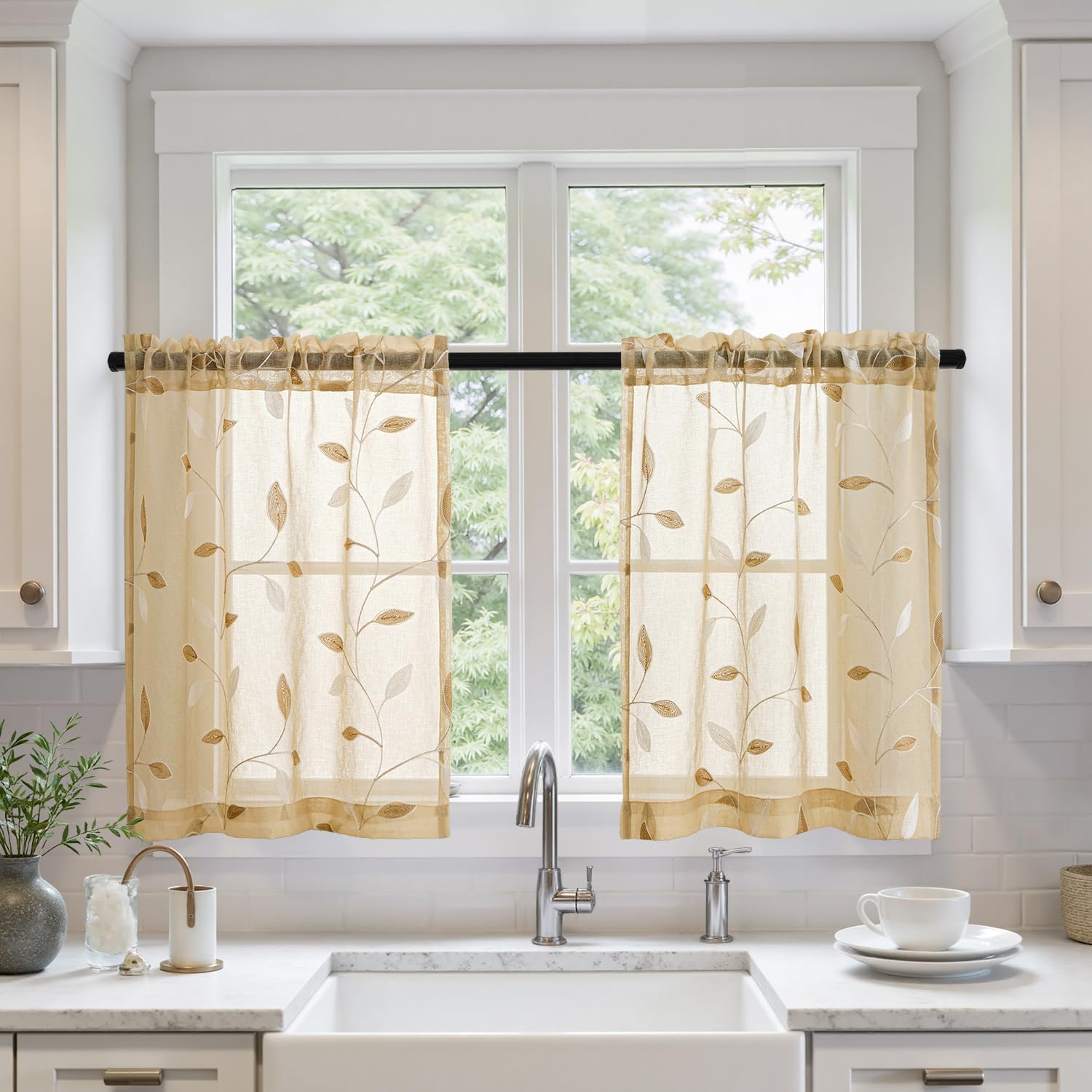 Embroidered Leaf Patterned Rod Pocket Floral Semi Sheer Curtains Khaki 30Wx36L