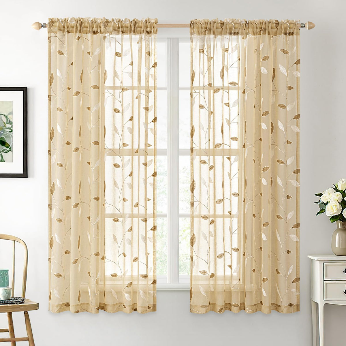 Embroidered Leaf Patterned Rod Pocket Floral Semi Sheer Curtains Khaki 52Wx45L