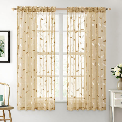 Embroidered Leaf Patterned Rod Pocket Floral Semi Sheer Curtains Khaki 52Wx45L