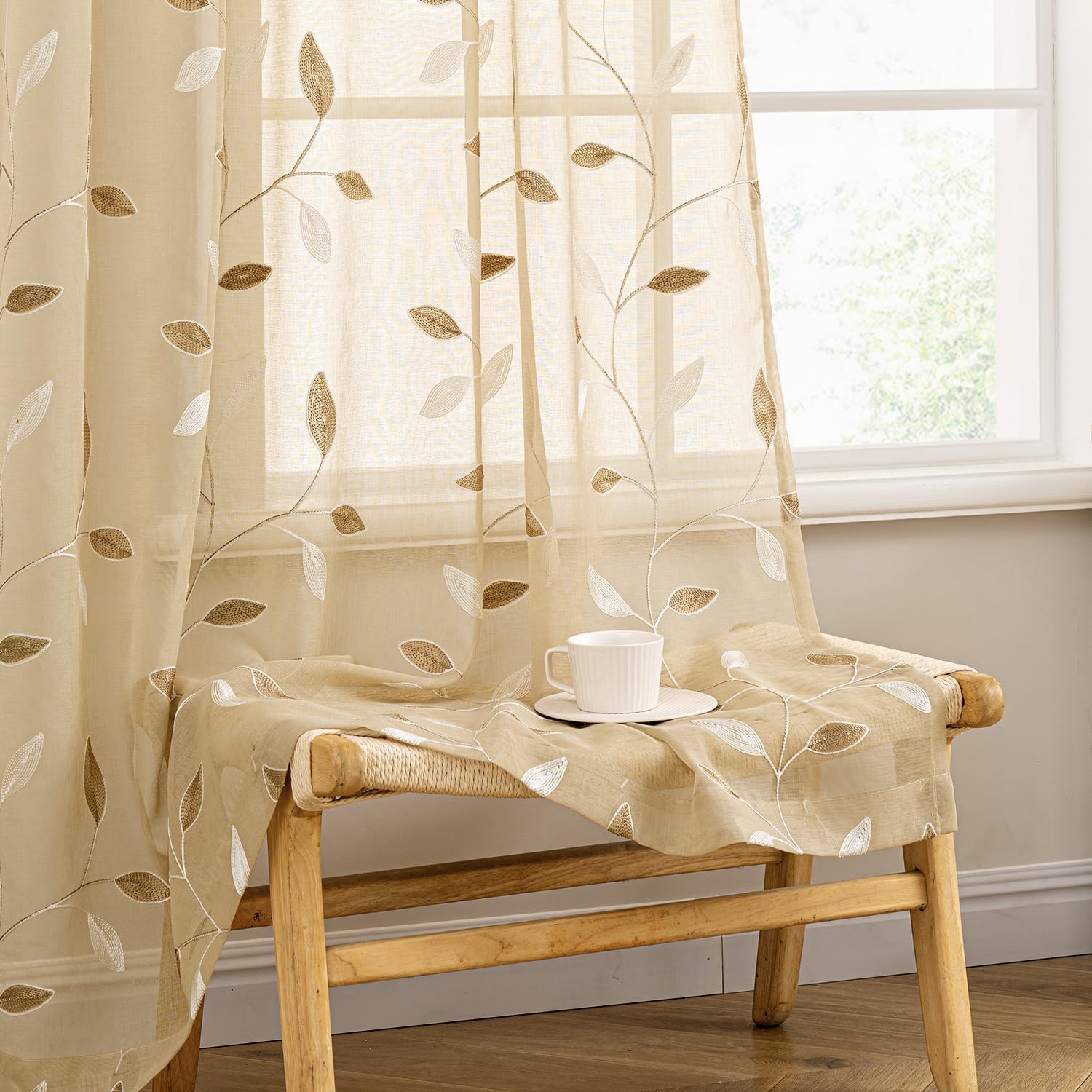 Embroidered Leaf Patterned Rod Pocket Floral Semi Sheer Curtains Khaki 52Wx63L