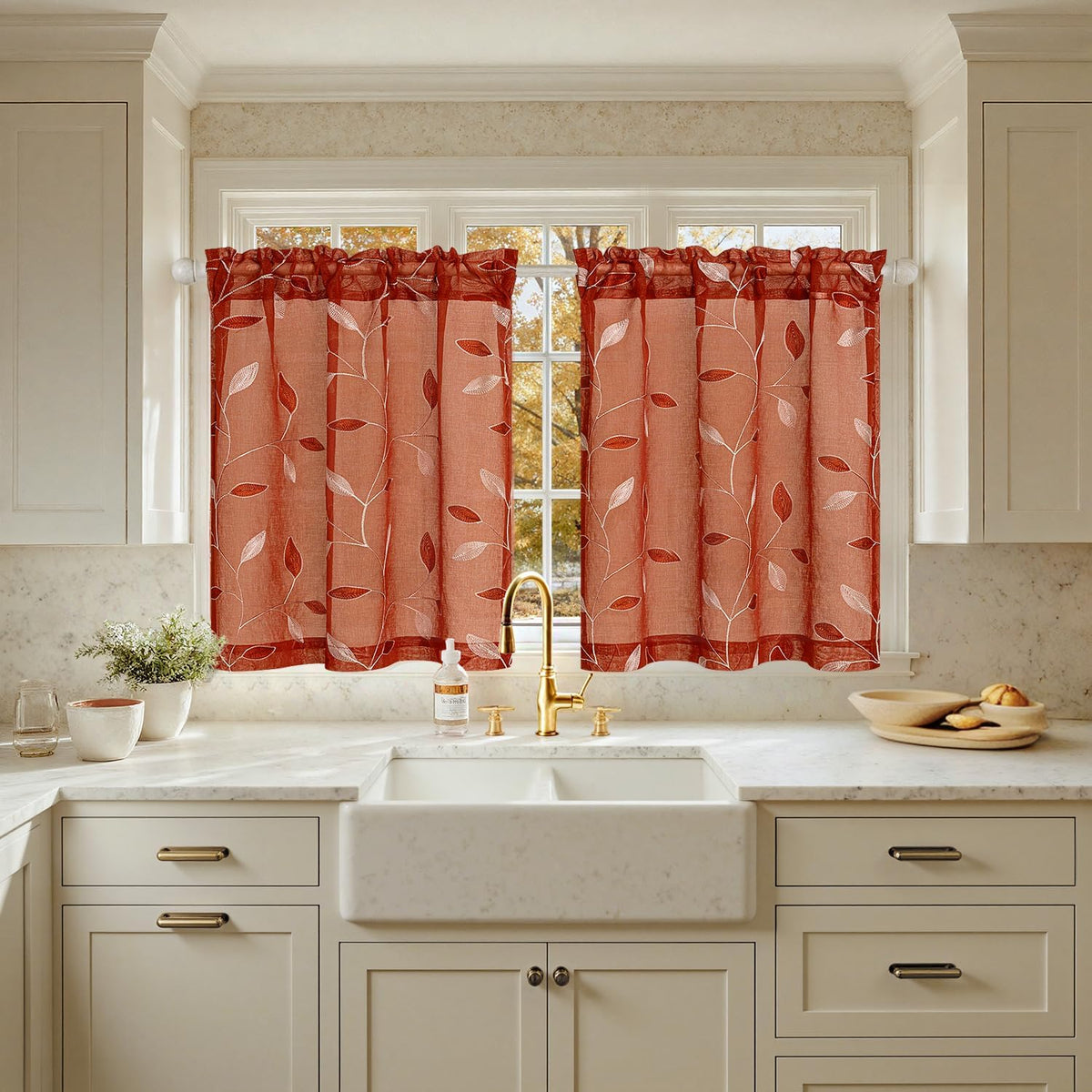 Embroidered Leaf Patterned Rod Pocket Floral Semi Sheer Curtains Terracotta 30Wx30L