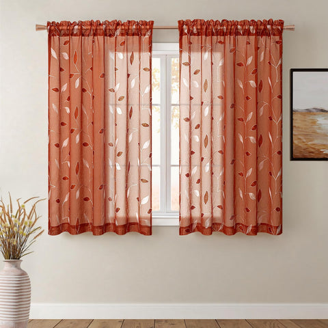 Embroidered Leaf Patterned Rod Pocket Floral Semi Sheer Curtains Terracotta 52Wx45L