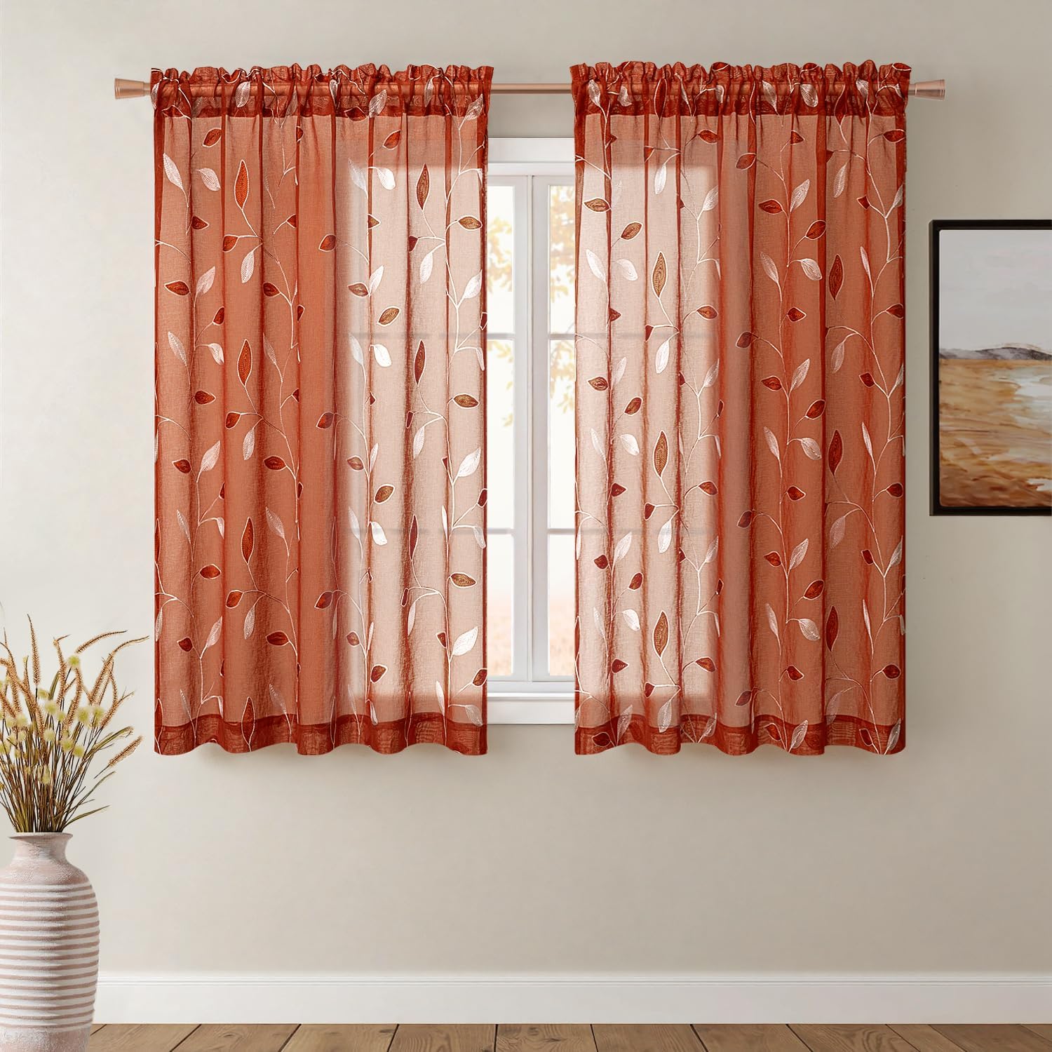 Embroidered Leaf Patterned Rod Pocket Floral Semi Sheer Curtains Terracotta 52Wx54L
