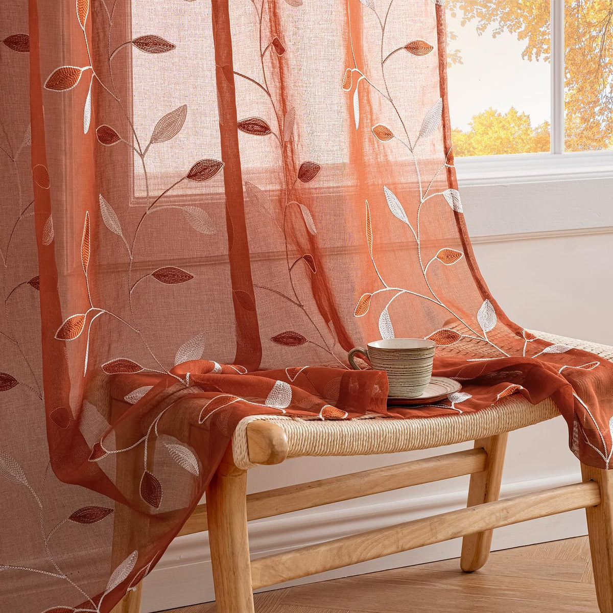 Embroidered Leaf Patterned Rod Pocket Floral Semi Sheer Curtains Terracotta 52Wx84L