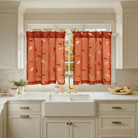 Embroidered Leaf Patterned Rod Pocket Floral Semi Sheer Curtains Burnt Orange 30Wx30L