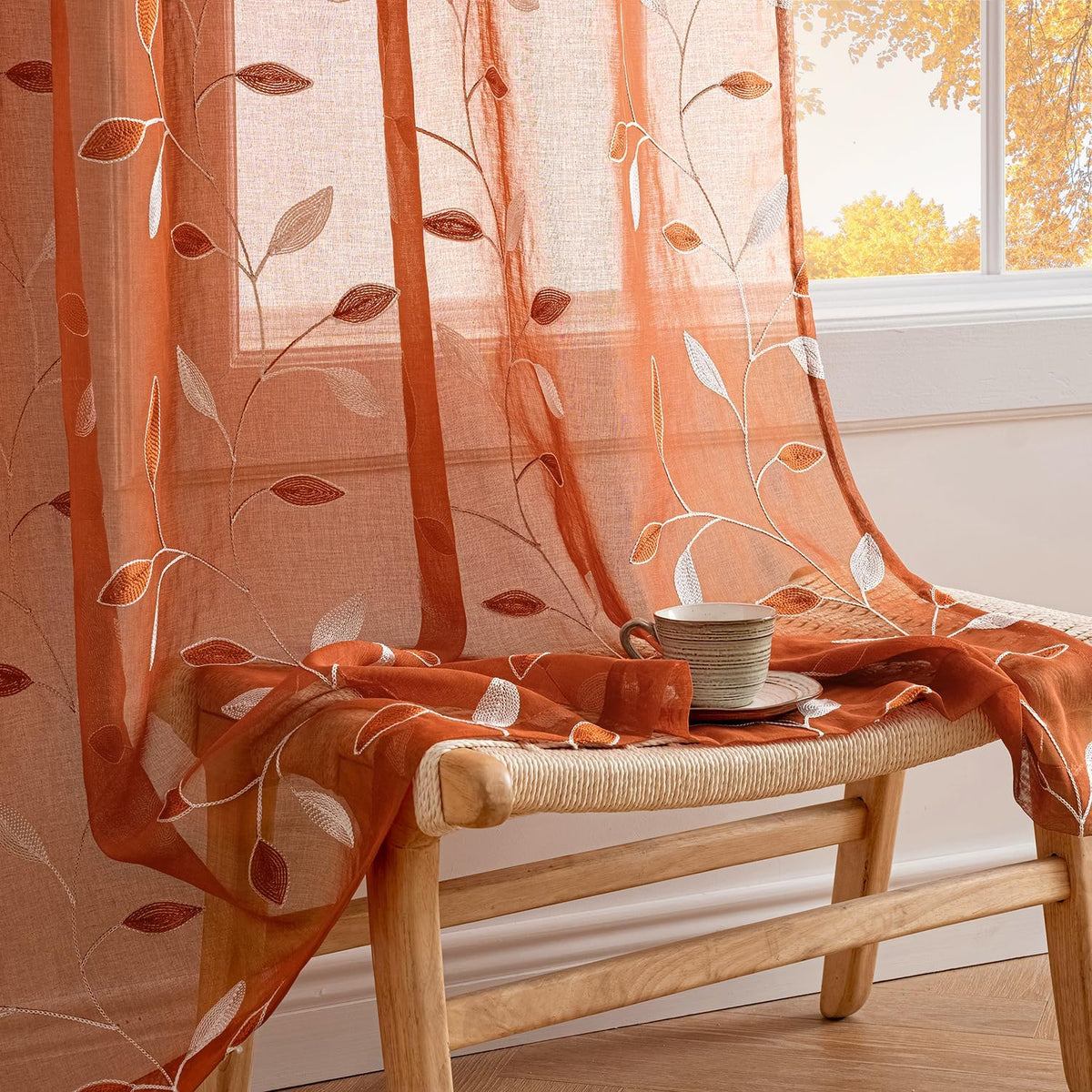 Embroidered Leaf Patterned Rod Pocket Floral Semi Sheer Curtains Burnt Orange 52Wx96L