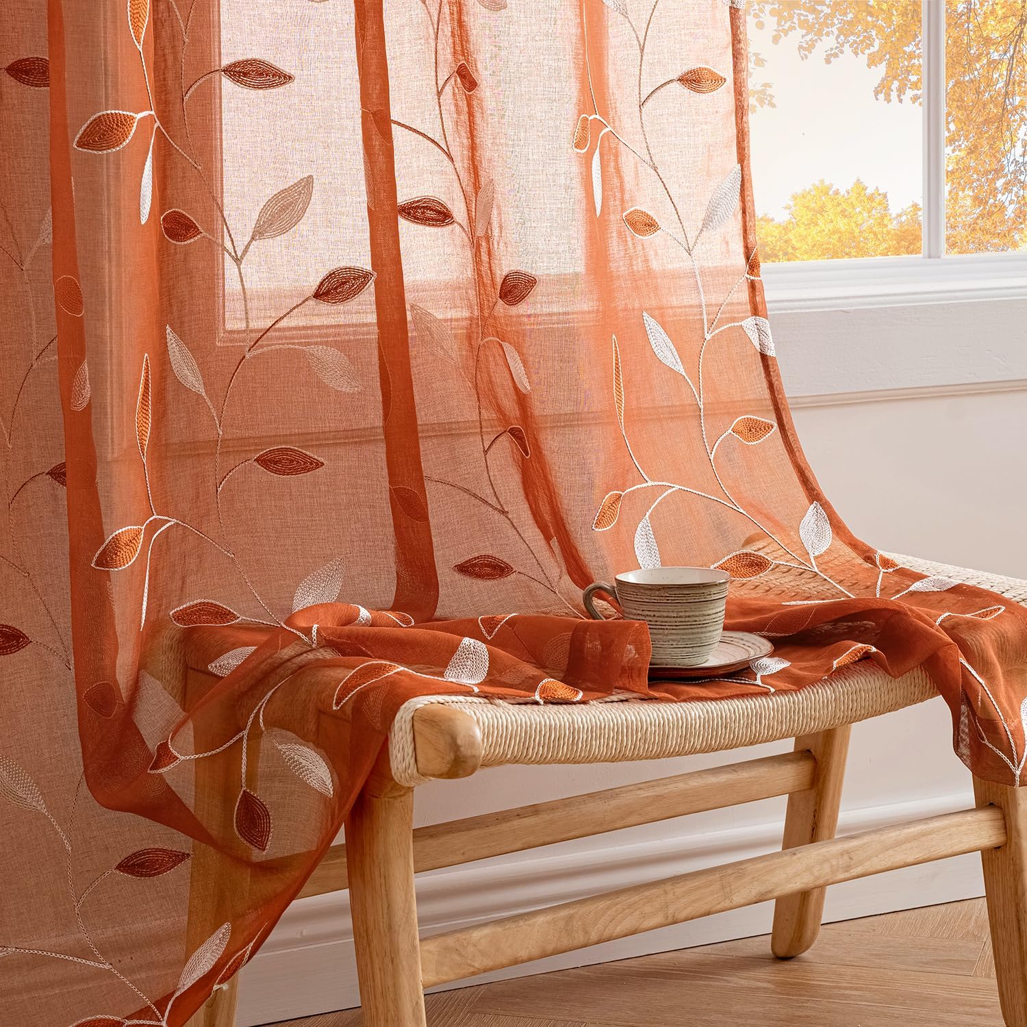 Embroidered Leaf Patterned Rod Pocket Floral Semi Sheer Curtains Burnt Orange 52Wx84L