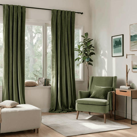 "Mira" Customized Velvet Curtains Luxury Blackout Curtains (2 Panels) - Olive Green - Miulee