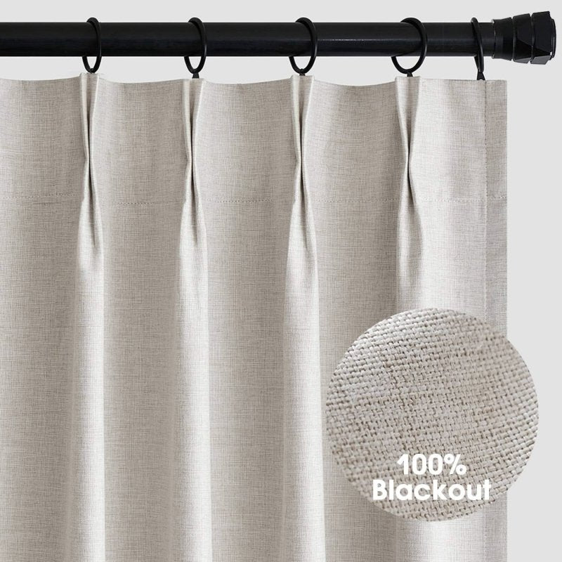 MIULEE 100% Blackout Pinch Pleated Linen Curtains 84 Inch Length 2 Panels for Bedroom, Thermal Insulated Room Darkening Window Drapes with Hooks Pleat Black Out Curtains for Living Room Track, Birch - Miulee