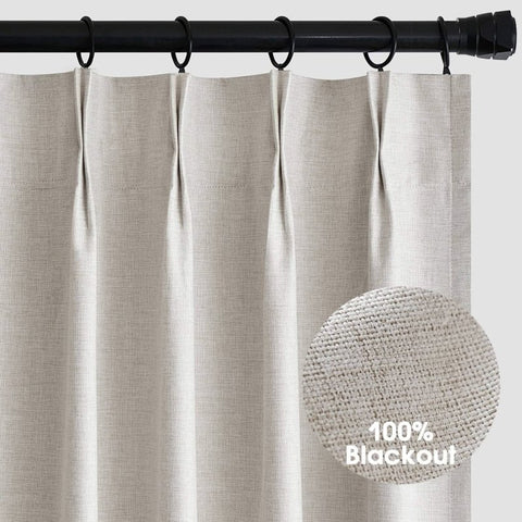 MIULEE 100% Blackout Pinch Pleated Linen Curtains 84 Inch Length 2 Panels for Bedroom, Thermal Insulated Room Darkening Window Drapes with Hooks Pleat Black Out Curtains for Living Room Track, Birch - Miulee