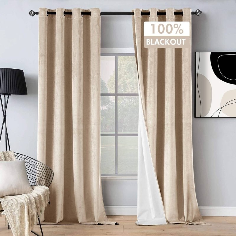 MIULEE 100% Blackout Velvet Curtains 84 Inches Long Beige Curtains Black Out Curtains for Bedroom Windows Drapes for Luxury Living Room Darkening Thermal Insulated Grommet Light Blocking Set of 2 - Miulee