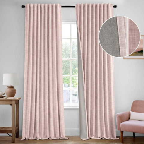 MIULEE Baby Pink 100% Blackout Linen Curtains 84 Inch 2 Panels Set Double Sided No Coating Pleated Back Tab Black Out Long Thermal Insulated Pinch Pleat Bedroom Living Room Darkening Window Drapes - Miulee