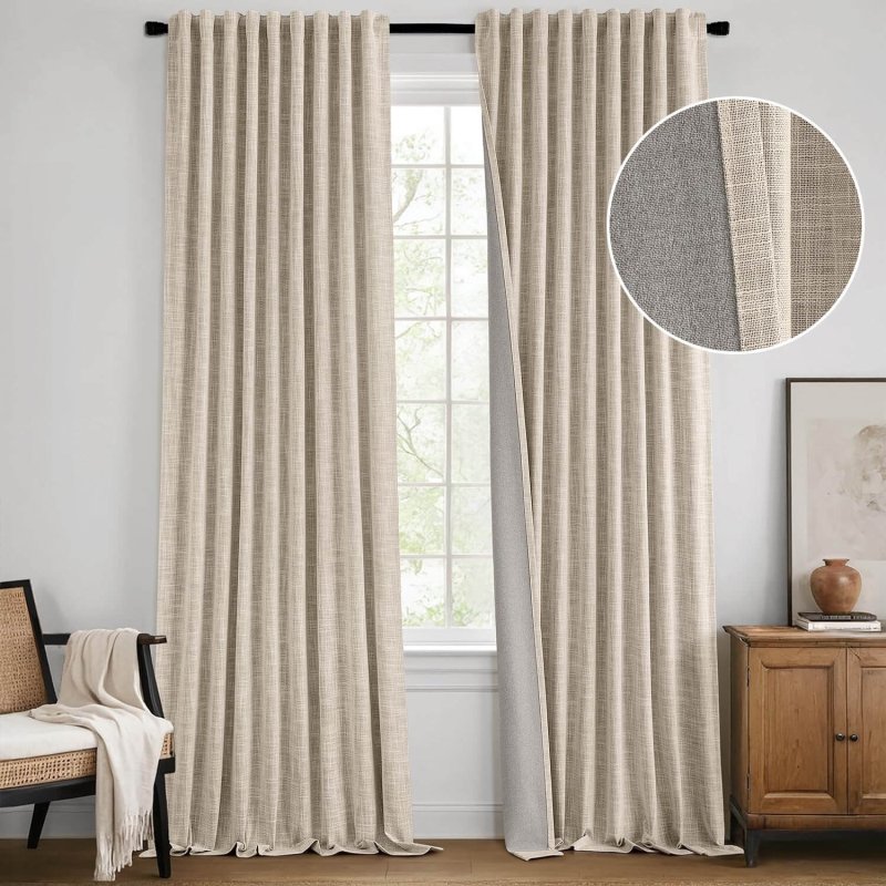 MIULEE Beige 100% Blackout Linen Curtains 96 Inch 2 Panels Set Double Sided No Coating Pinch Pleated Back Tab Floor to Ceiling Black Out Thermal Insulated Bedroom Living Room Darkening Window Drapes - Miulee