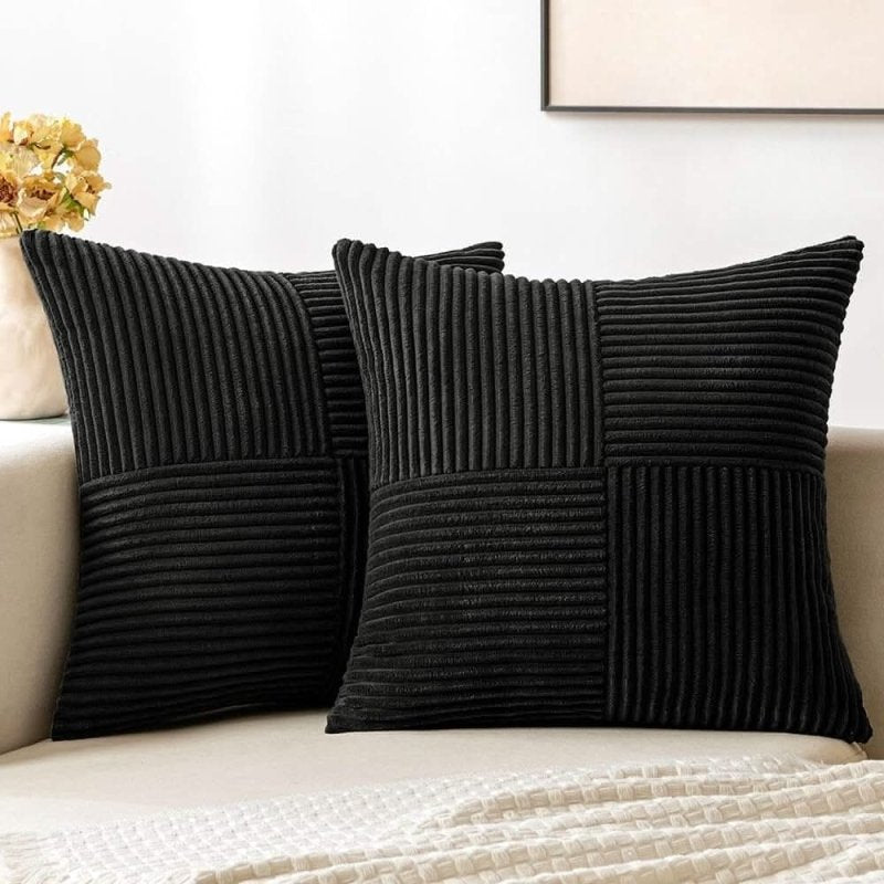 MIULEE Black Corduroy Pillow Covers Pack of 2 Boho Decorative Spliced Throw Pillow Covers Soft Solid Couch Pillowcases Cross Patchwork Textured Cushion Covers for Living Room Bed Sofa 18x18 inch - Miulee