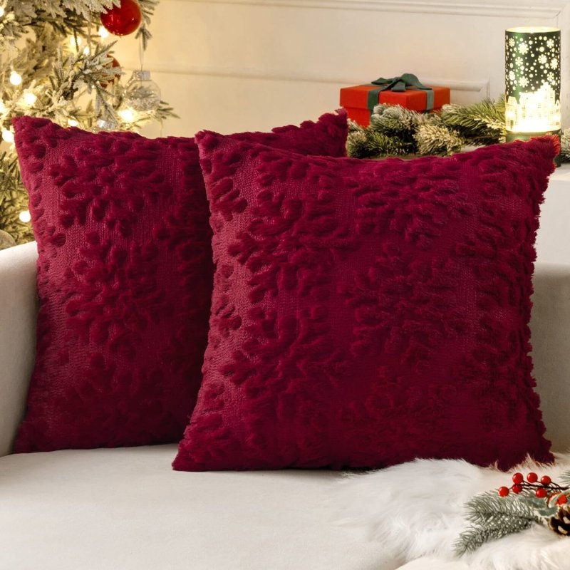 MIULEE Burgundy Red Throw Pillow Covers Christmas Snowflakes Decorative Pillow Covers 20x20 Inch Soft Plush Faux Wool Pillow Covers Set of 2 Farmhouse Couch Pillows Home Decors for Sofa Livingroom Bed - Miulee