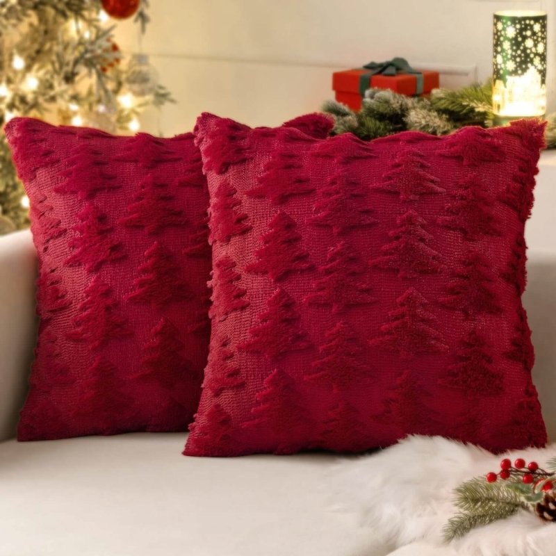 MIULEE Burgundy Red Throw Pillow Covers Christmas Tree Decorative Pillow Covers 18x18 Inch Soft Plush Faux Wool Pillow Covers Set of 2 Farmhouse Couch Pillows Home Decors for Sofa Livingroom Bed - Miulee