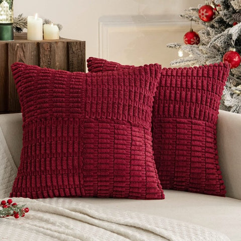 MIULEE Christmas Burgundy Corduroy Pillow Covers Pack of 2 Boho Decorative Spliced Throw Pillow Covers Soft Solid Couch Pillowcases Patchwork Textured Cushion Covers for Living Room Sofa 20x20 inch - Miulee