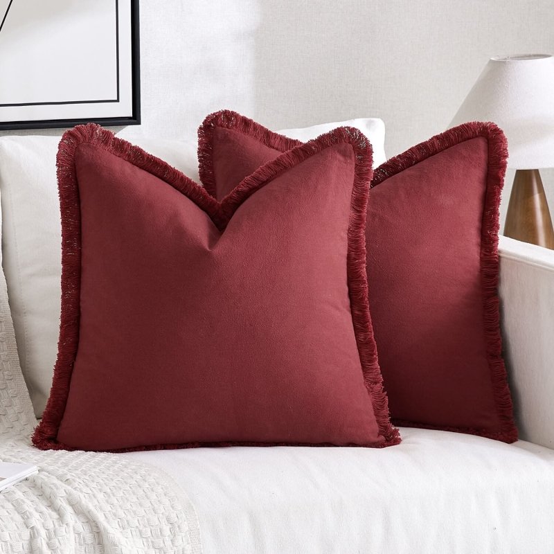 MIULEE Christmas Burgundy Red Pillow Covers 20x20 Inch Set of 2 Decorative Throw Pillow Covers with Fringe Chic Cotton Pillows Farmhouse Boho Home Decor for Cushion Sofa Couch Bed Living Room - Miulee