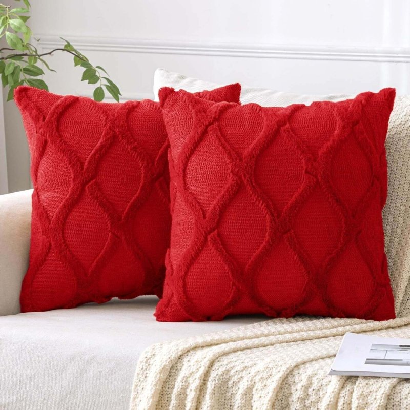 MIULEE Christmas Red Decorative Throw Pillow Covers 18x18 Inch Set of 2, Soft Plush Faux Wool Couch Pillow Covers Farmhouse Throw Pillows for Couch Bed Sofa Living Room - Miulee