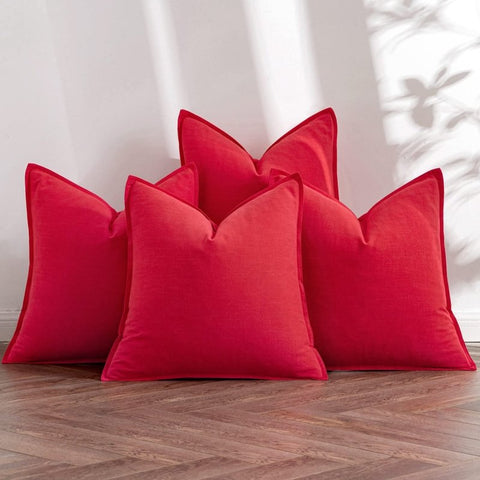 MIULEE Christmas Red Linen Pillow Covers Pack of 4 Decorative Natural Solid Throw Pillow Covers Soft Accent Boho Farmhouse Couch Pillowcases Modern Home Decor for Living Room Bed Sofa 18x18 Inch - Miulee