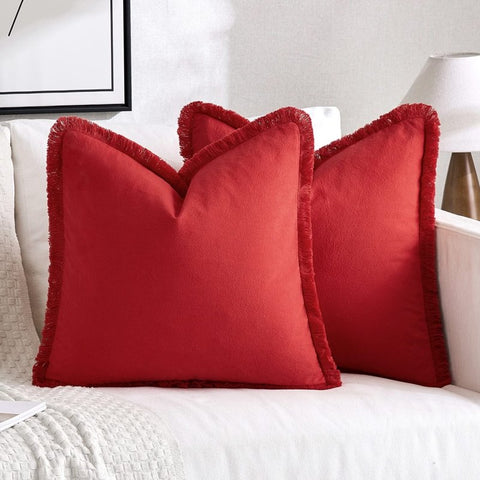 MIULEE Christmas Red Pillow Covers 20x20 Inch Set of 2 Decorative Throw Pillow Covers with Fringe Chic Cotton Pillows Farmhouse Boho Home Decor for Cushion Sofa Couch Bed Living Room - Miulee