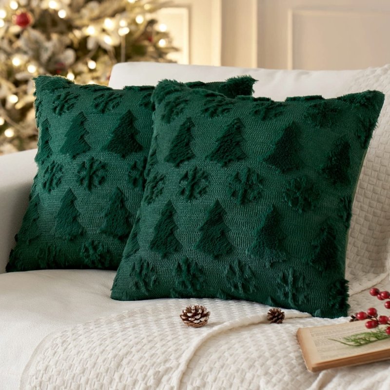 MIULEE Christmas Tree and Snowflakes Pillow Covers 20x20 Inch Dark Green Throw Pillows Set of 2 Decorative Soft Fluffy Pillowcases for Home Decors Couch Sofa Livingroom Bed - Miulee