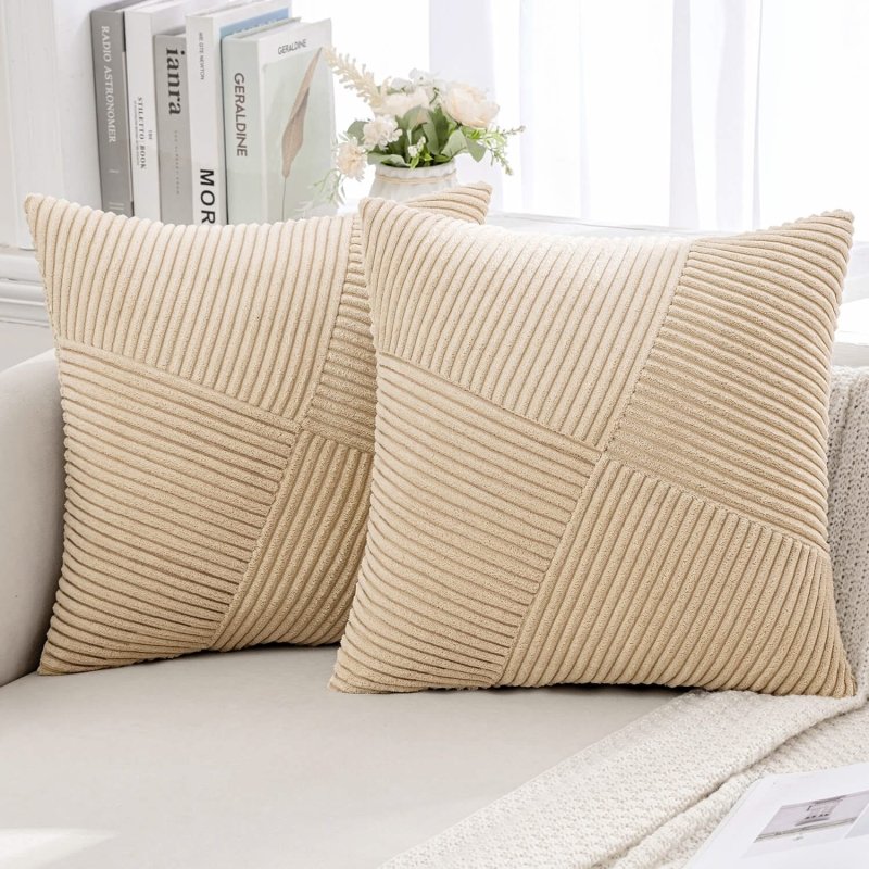 MIULEE Corduroy Pillow Covers Pack of 2 Decorative Windmill Striped Spliced Throw Pillow Covers Soft Couch Pillowcases Boho Patchwork Cushion Covers for Living Room Bed Sofa 20x20 inch, Cream - Miulee