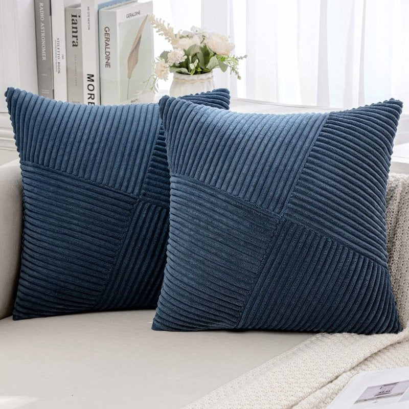 MIULEE Corduroy Pillow Covers Pack of 2 Decorative Windmill Striped Spliced Throw Pillow Covers Soft Couch Pillowcases Boho Patchwork Cushion Covers for Living Room Bed Sofa 16x16 inch, Blue - Miulee