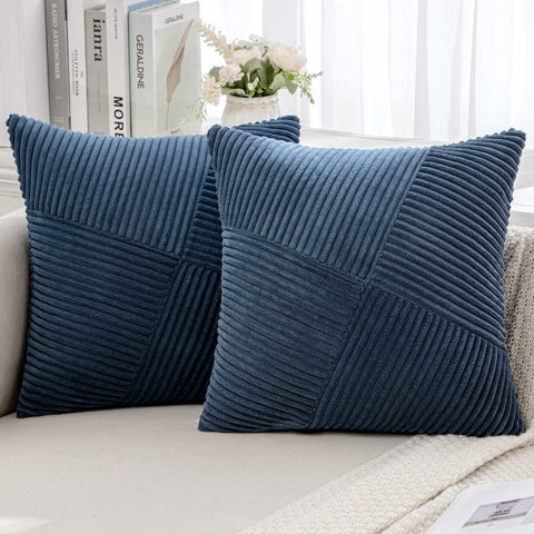 MIULEE Corduroy Pillow Covers Pack of 2 Decorative Windmill Striped Spliced Throw Pillow Covers Soft Couch Pillowcases Boho Patchwork Cushion Covers for Living Room Bed Sofa 16x16 inch, Blue - Miulee